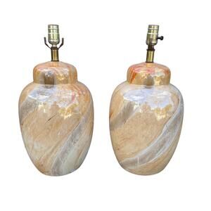 Vintage "Marble" Translucent Glazed Porcelain Table Lamps Pair of 2 Italy